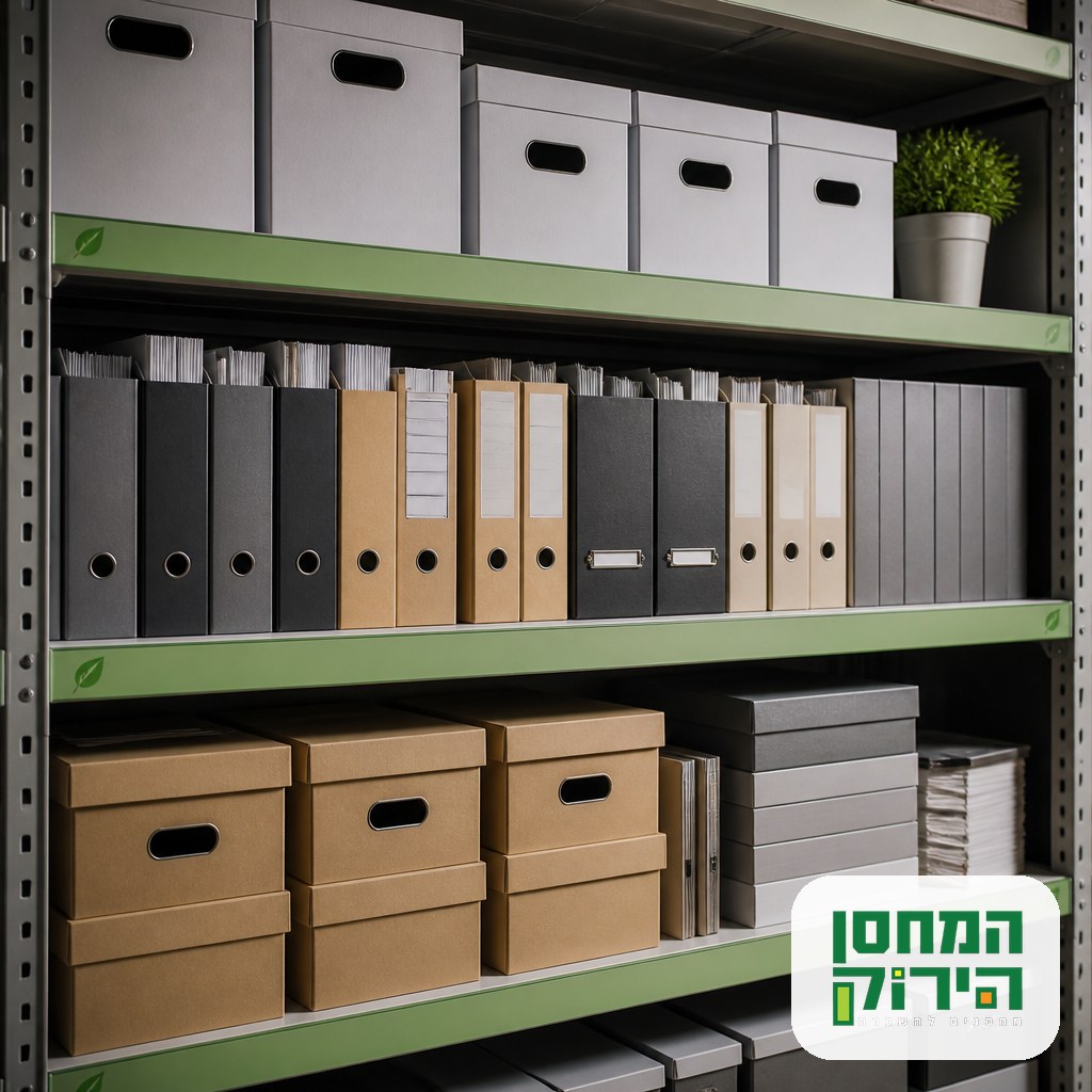 Business archive document boxes stored on shelving in a clean storage unit