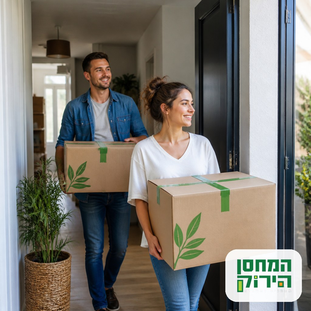 Couple moving labelled boxes for apartment storage during a relocation