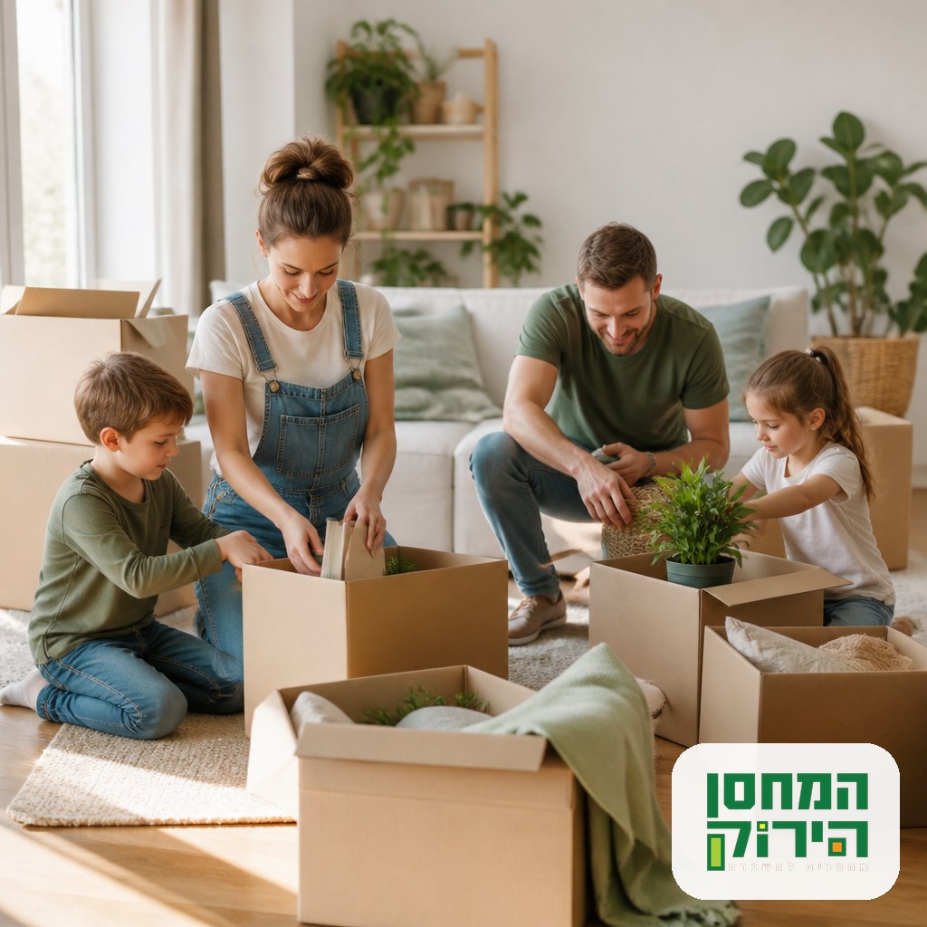 Family packing household belongings into boxes before moving them to a storage unit