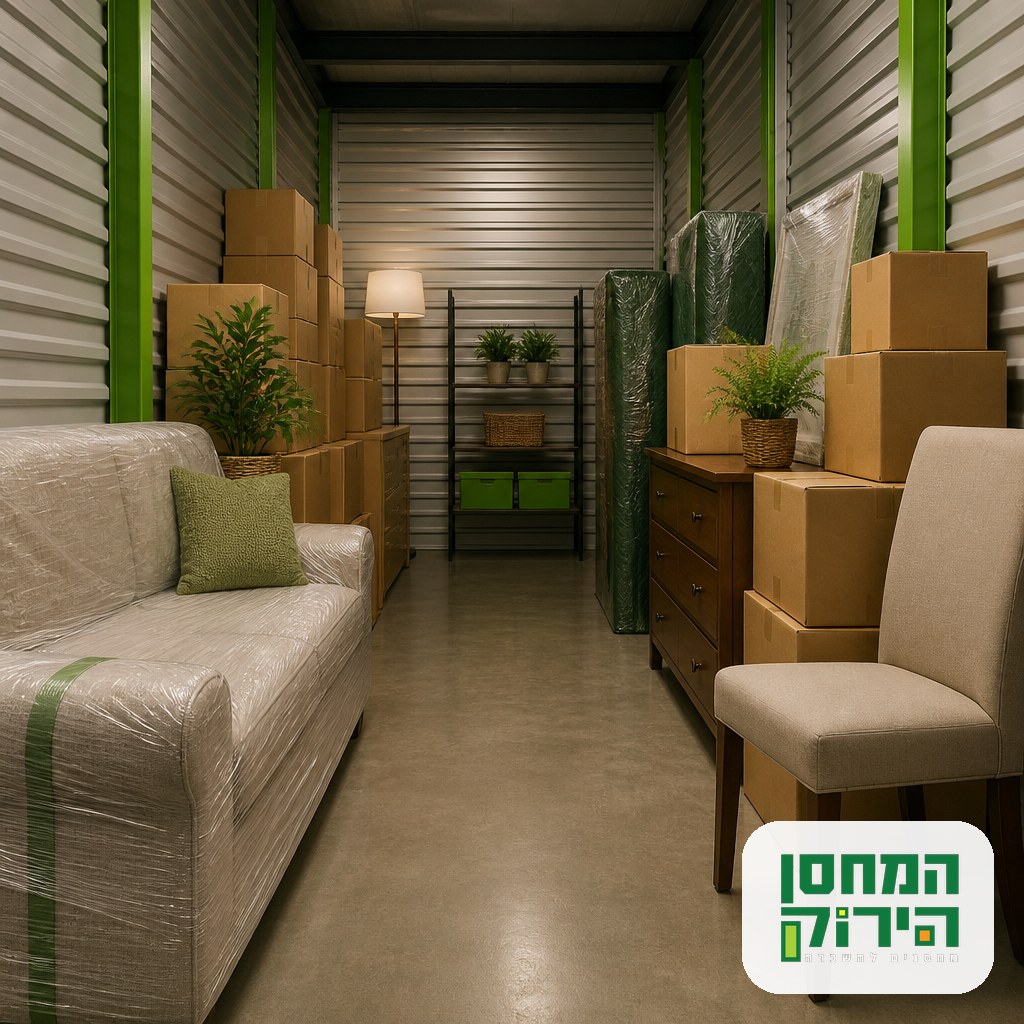 Household furniture and labelled boxes stored in a long term self storage unit