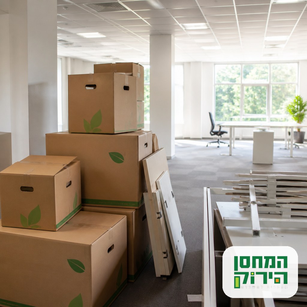 Office equipment and boxes prepared for office storage during a renovation