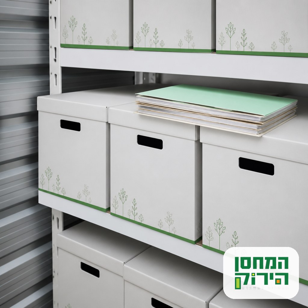 Labelled document archive boxes in a clean office storage unit