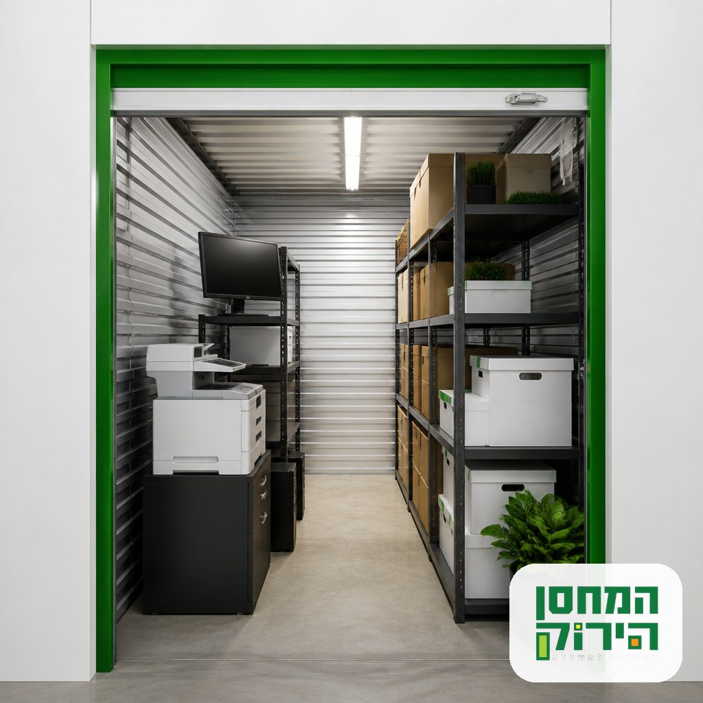Private office storage unit holding IT equipment and stock boxes
