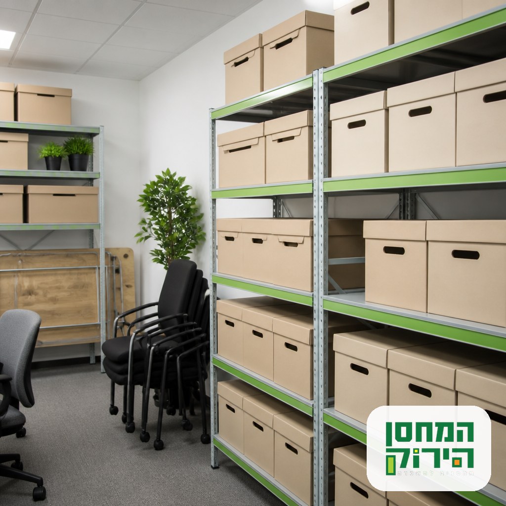 Organised office storage unit with labelled archive boxes and spare office furniture