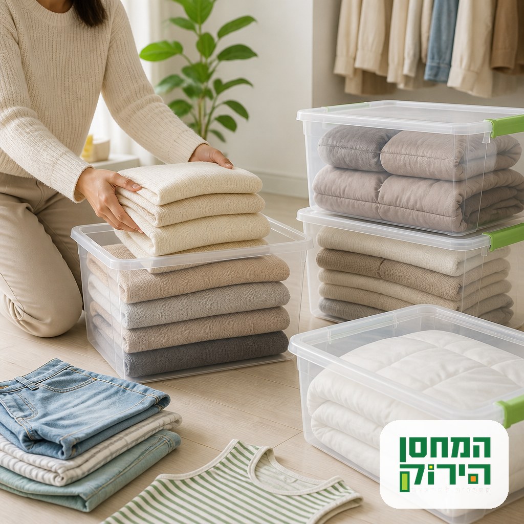 Seasonal clothing storage with winter coats and jumpers packed into clear plastic boxes