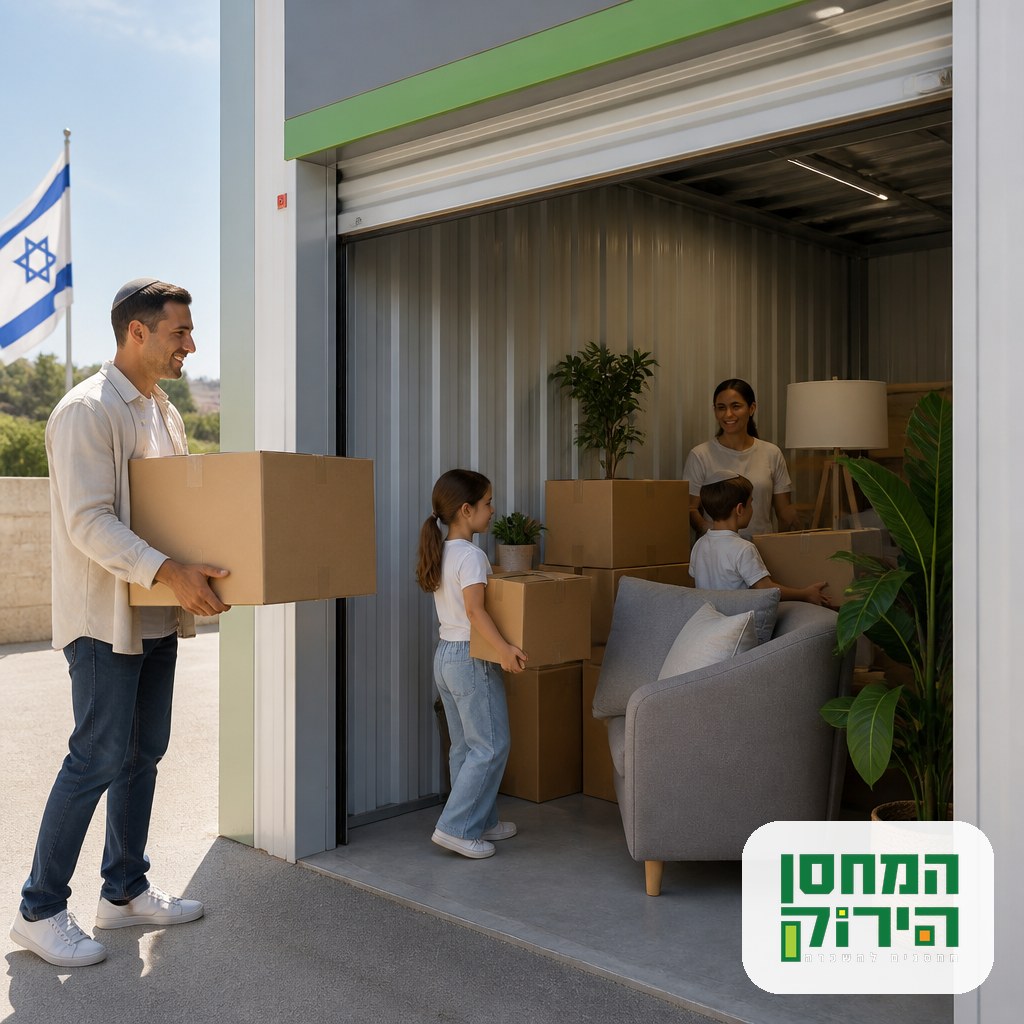 Foreign residents moving boxes into a self storage unit in Israel after relocating