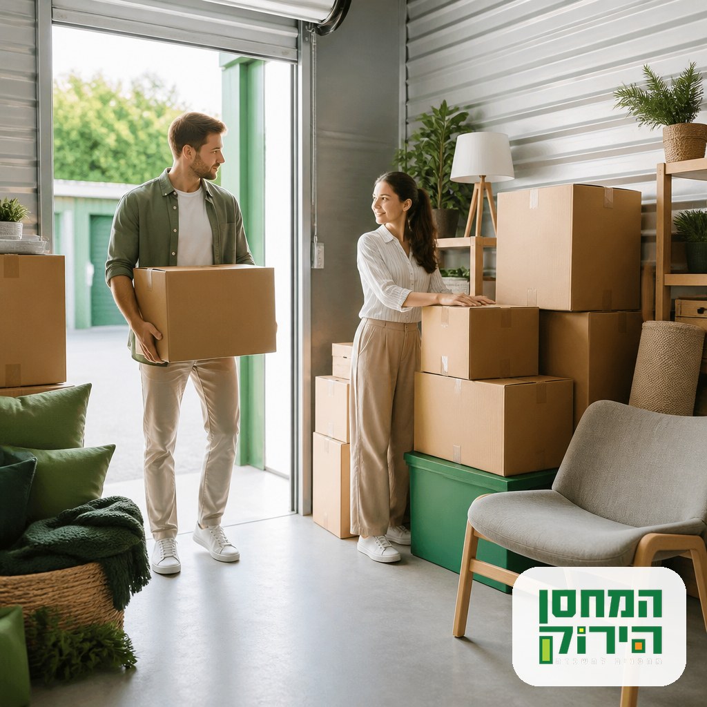 Couple loading moving boxes into a self storage unit during a move