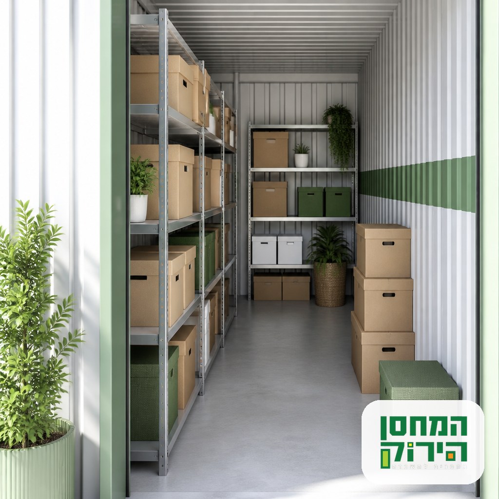 Organized self storage unit with neatly stacked cardboard boxes on shelving