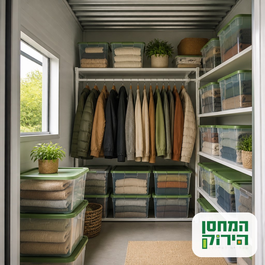 Storing clothing in a storage unit with folded garments in sealed boxes and coats on a rail