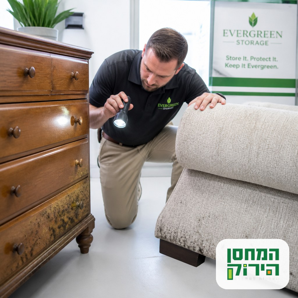 Inspecting wooden furniture and upholstery for early mold signs before placing them in storage
