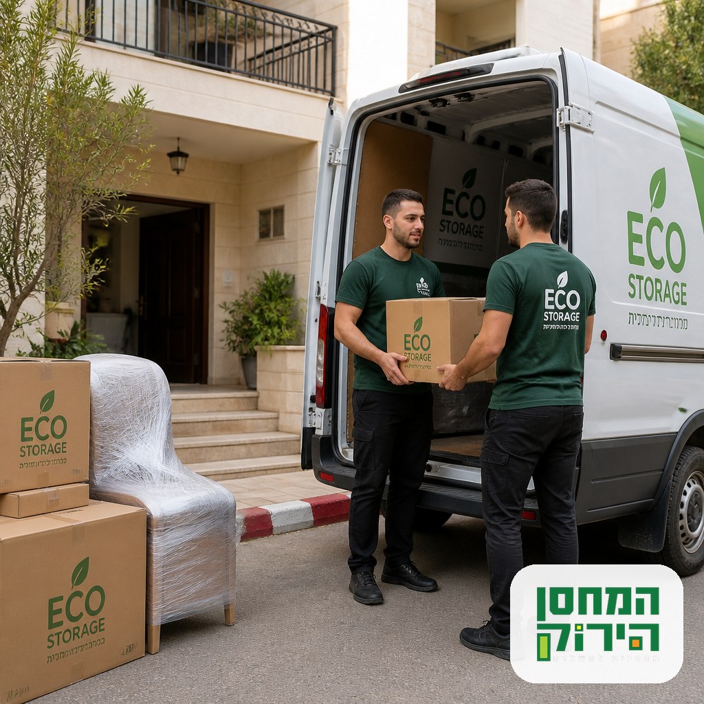 Moving belongings into temporary storage after rocket damage to a home, boxes and wrapped furniture loaded with care
