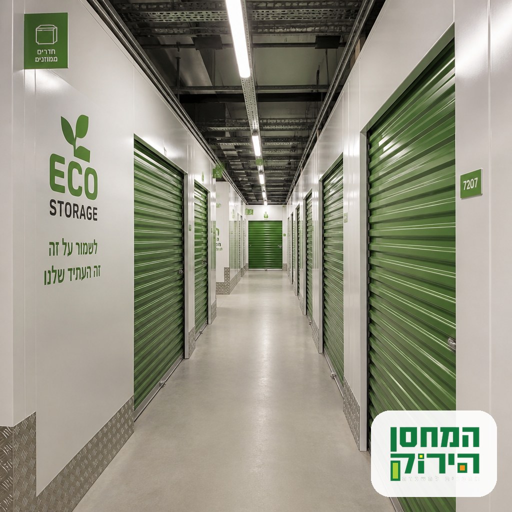 Modern self storage in Israel: a clean facility corridor with rows of green unit doors