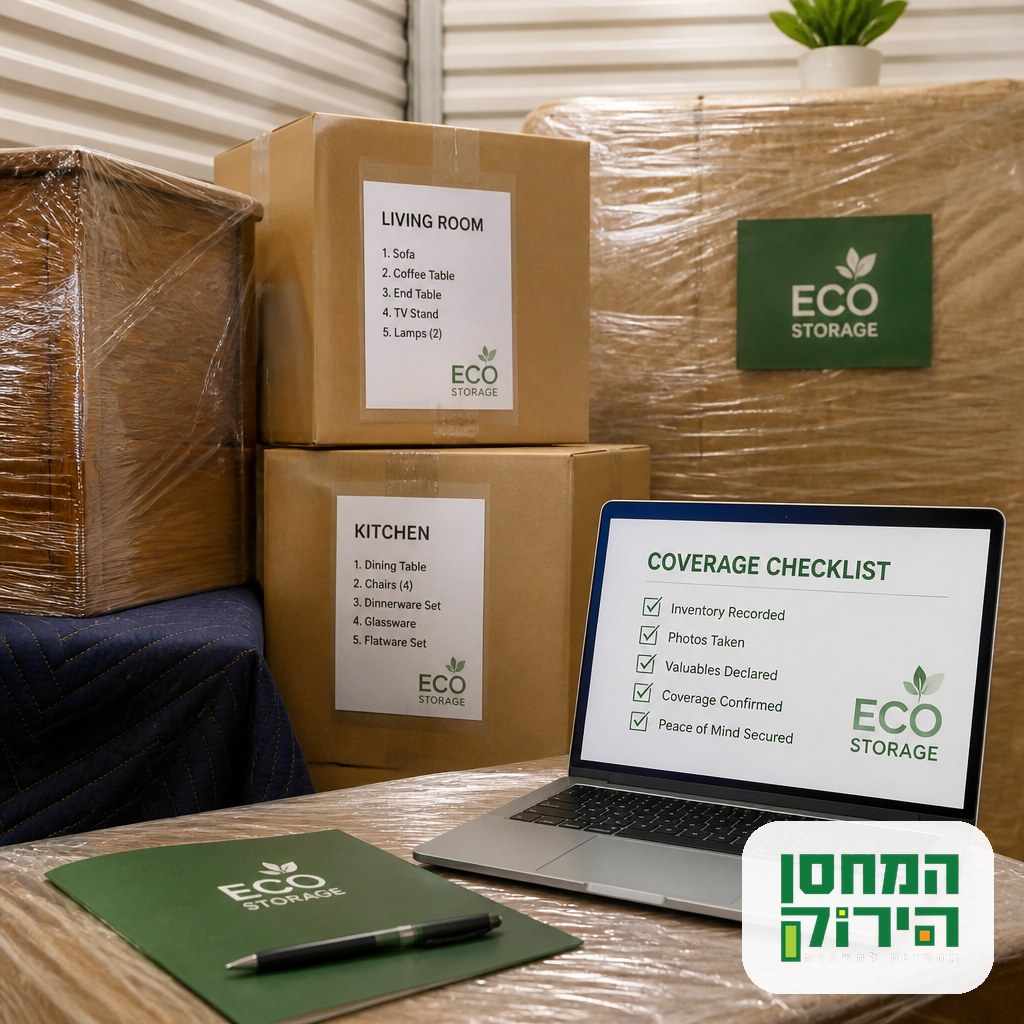 Packed and documented belongings ready for insured storage, labeled boxes next to wrapped furniture