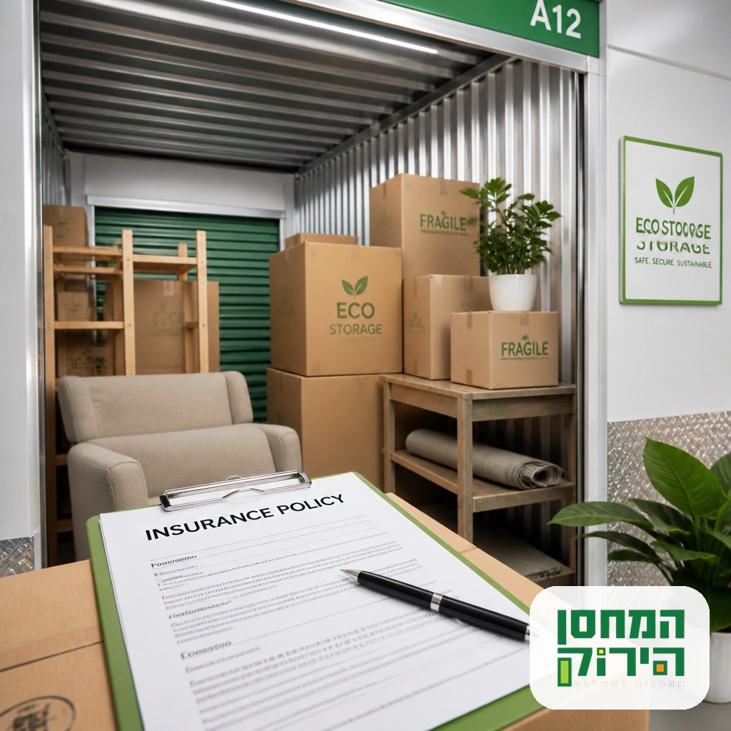 Storage insurance policy document in front of a tidy self-storage unit with labeled boxes