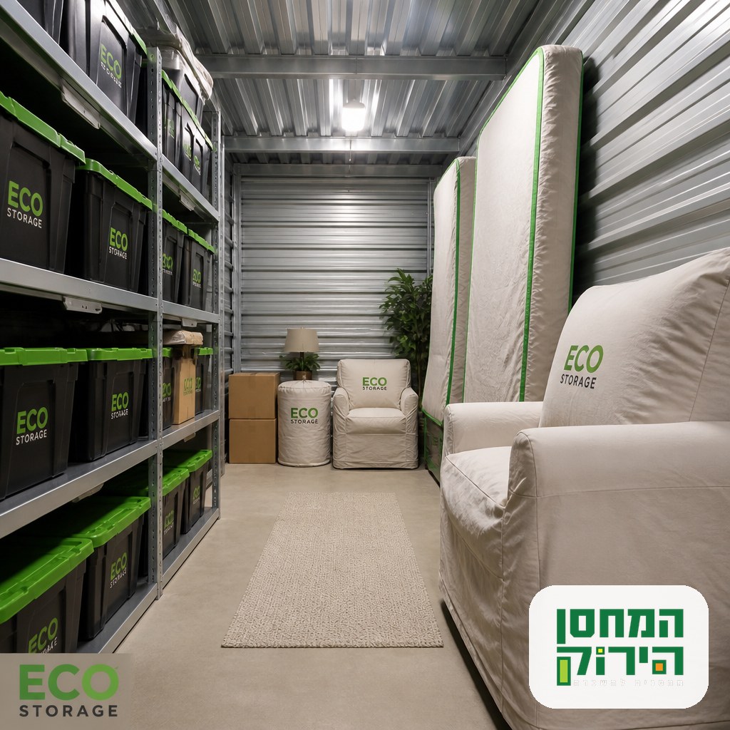Organized storage unit with sealed bins on shelving and furniture under breathable covers