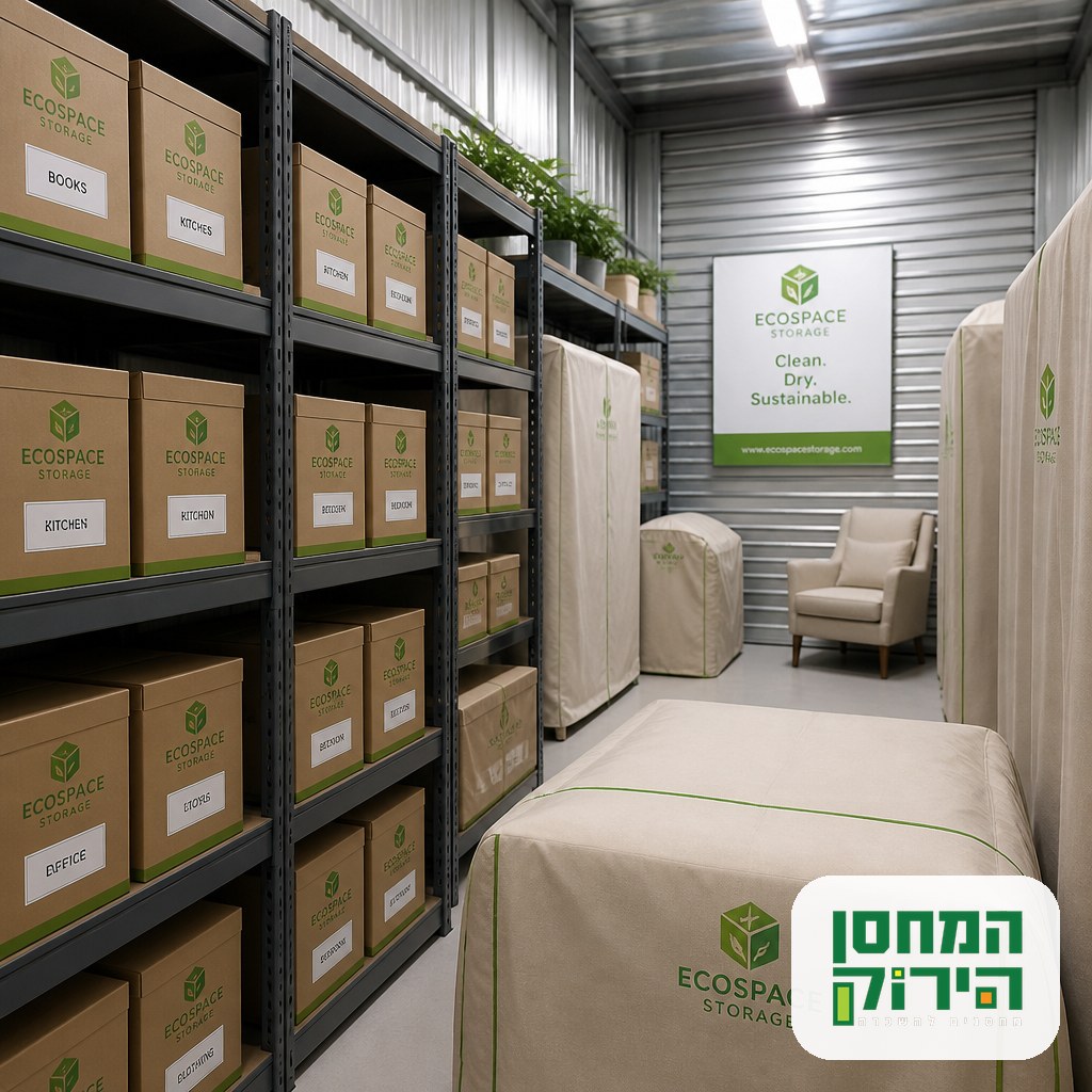 Organized storage unit with labeled sealed boxes on metal shelves and covered furniture
