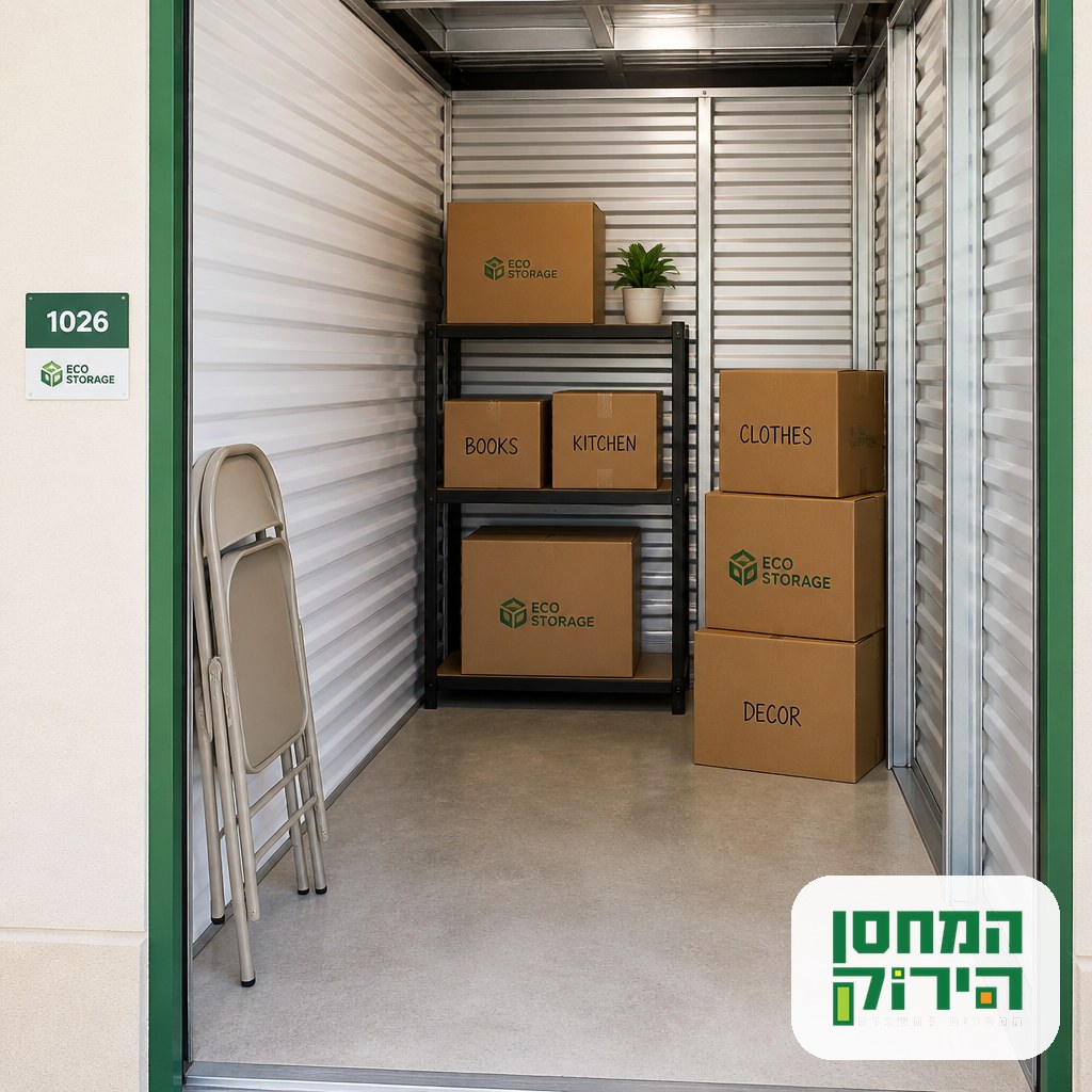 Small storage unit with labeled boxes and a clear walking path for easy access