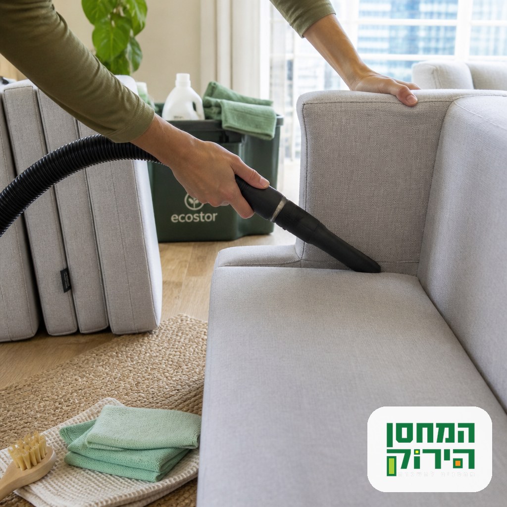 Vacuuming the seams of a fabric couch before it goes into a storage unit