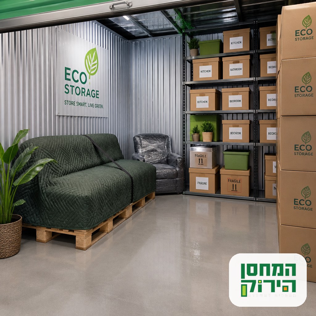 Organized storage unit with a covered couch on pallets and labelled boxes on shelving