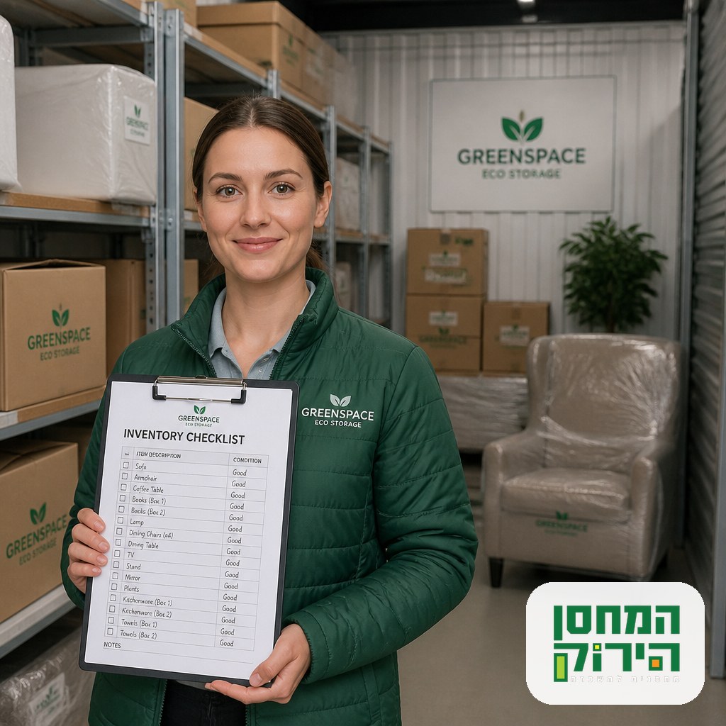 Making a written inventory list inside a tidy storage unit before moving belongings in