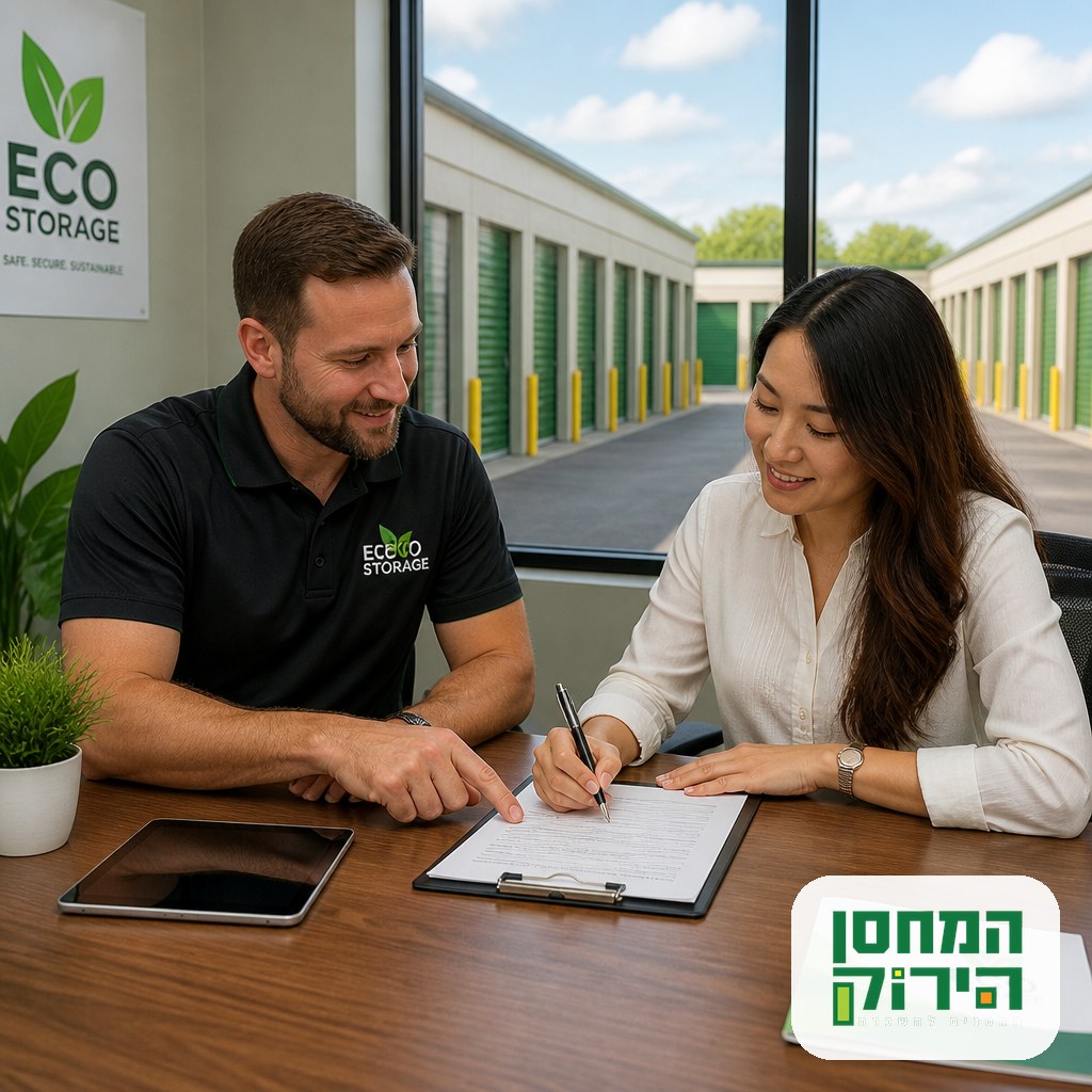 Reviewing a storage rental agreement with a facility manager before signing