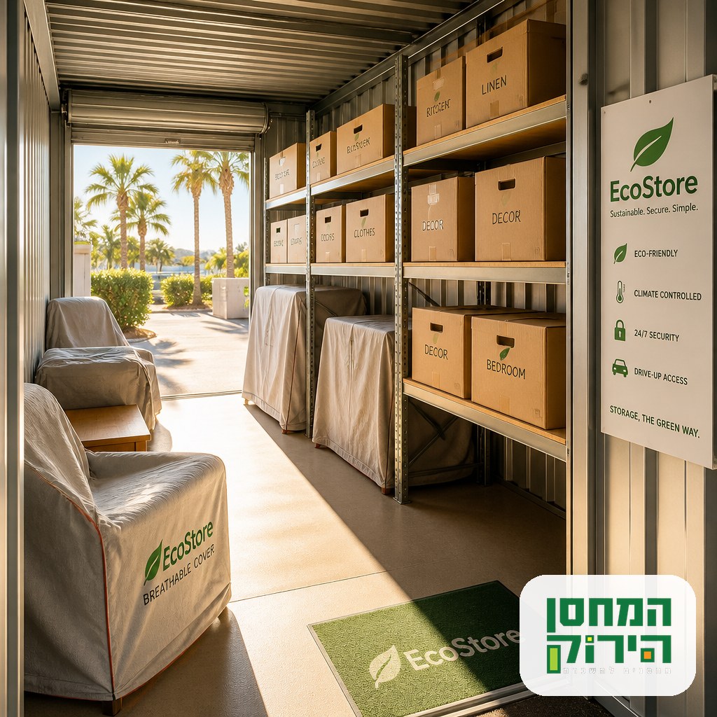 Summer storage unit with boxes on shelving and furniture under breathable covers