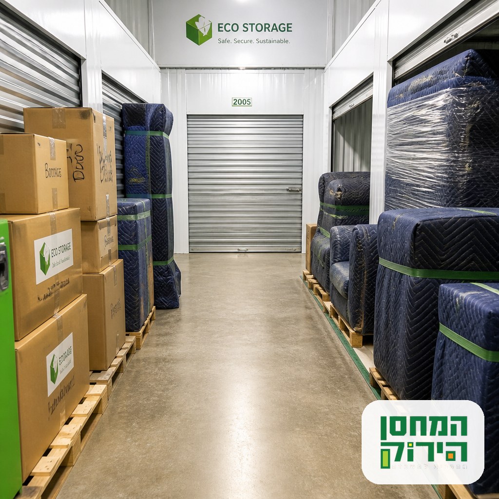 Indoor storage unit with wrapped furniture and labelled boxes kept for a long period