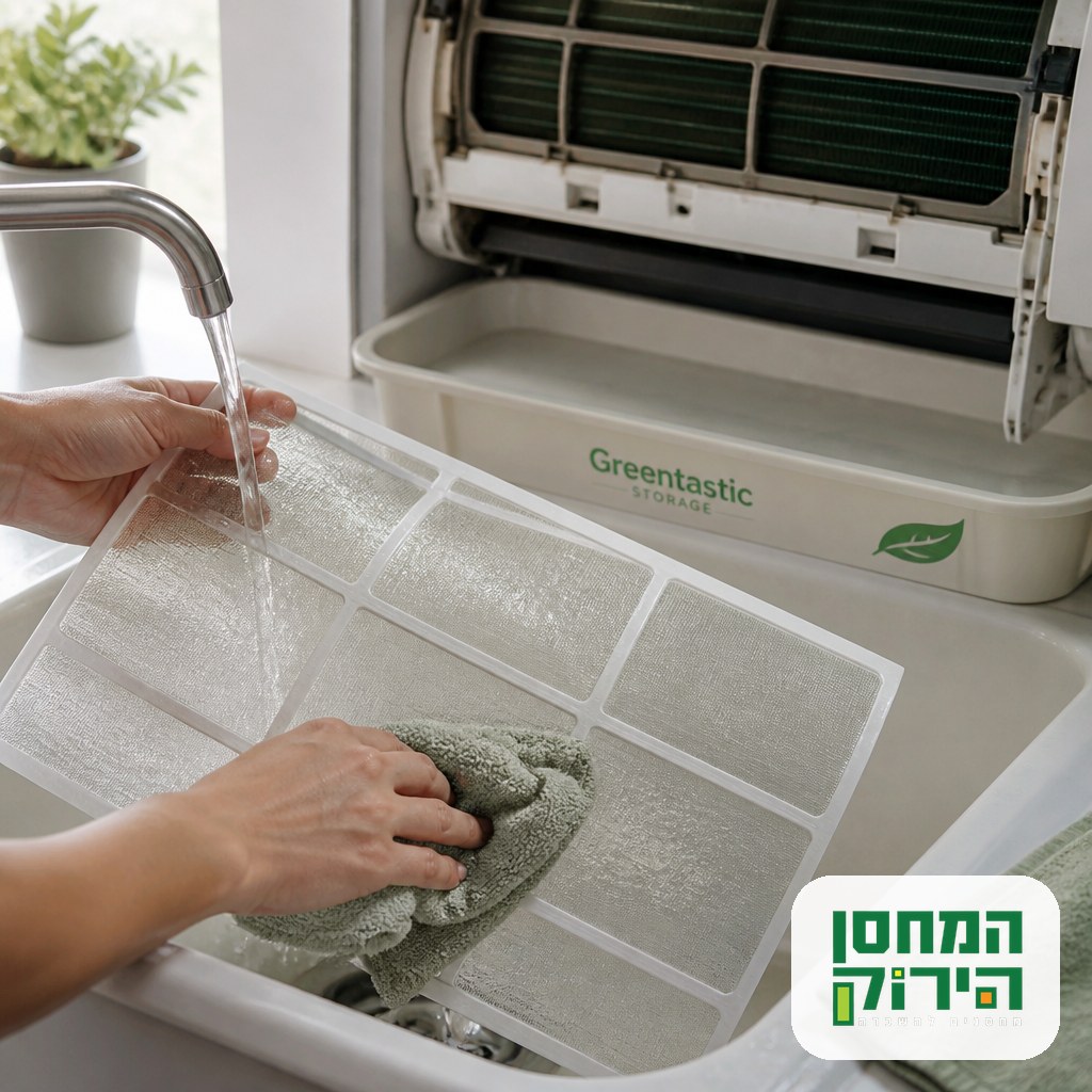 Hands rinsing and drying an air conditioner mesh filter over a sink before the unit goes into storage