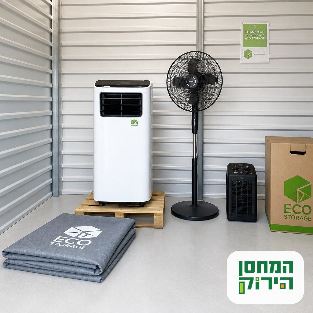 Portable unit upright on a pallet beside a fan and a heater, correct air conditioner storage inside a clean unit