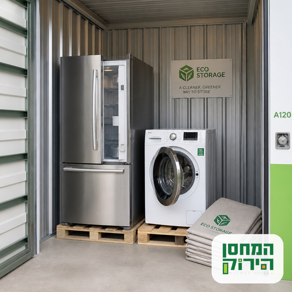 Refrigerator and washing machine standing upright on pallets with doors ajar, correct appliance storage inside a clean unit