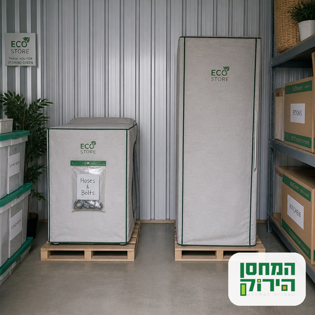 Washing machine and upright freezer arranged along a storage unit wall with ventilation gaps and labelled accessory bags