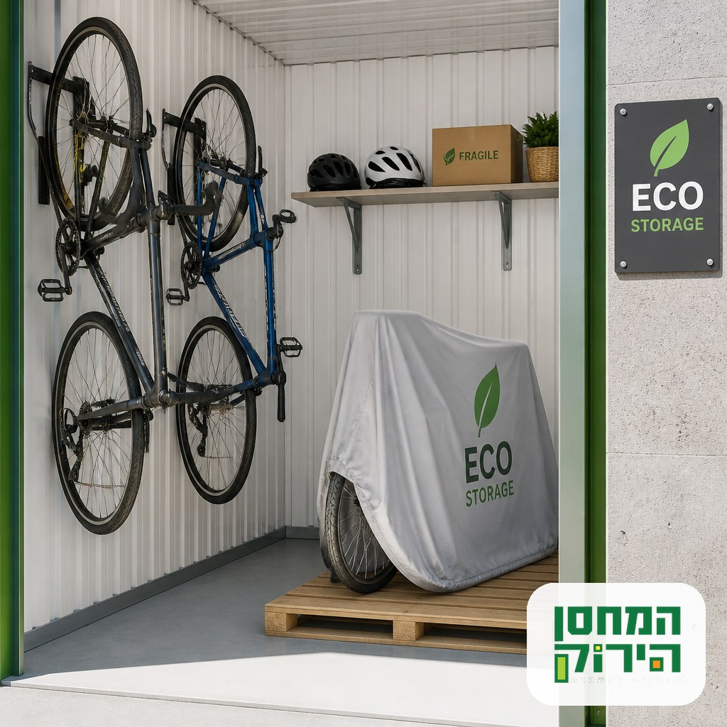 Bicycle storage inside a clean unit with two bikes hanging on wall hooks and one on a pallet under a fabric cover