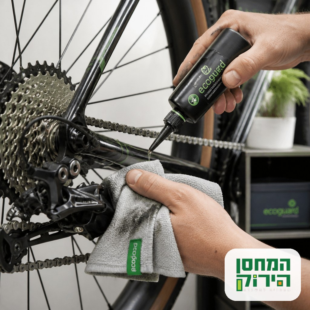 Hands cleaning and lubricating a bicycle chain and rear cassette before the bike goes into storage