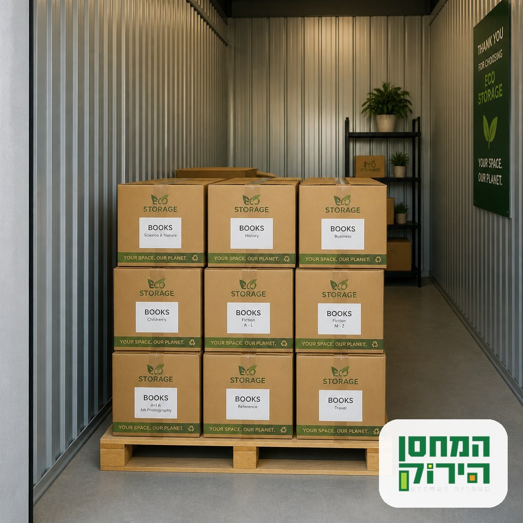 Boxes of books stacked on a pallet away from the wall in an organized unit
