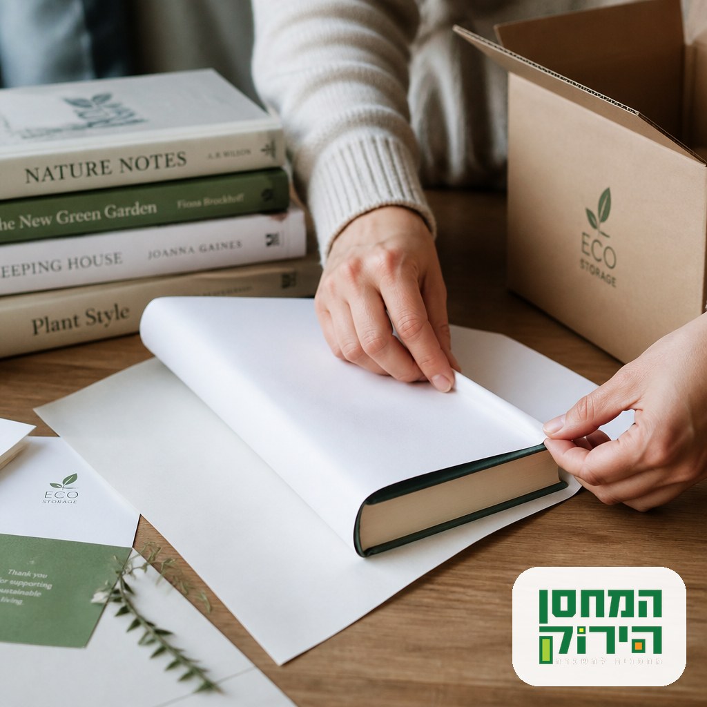 Hands wrapping a hardcover book in plain paper before packing it into a box