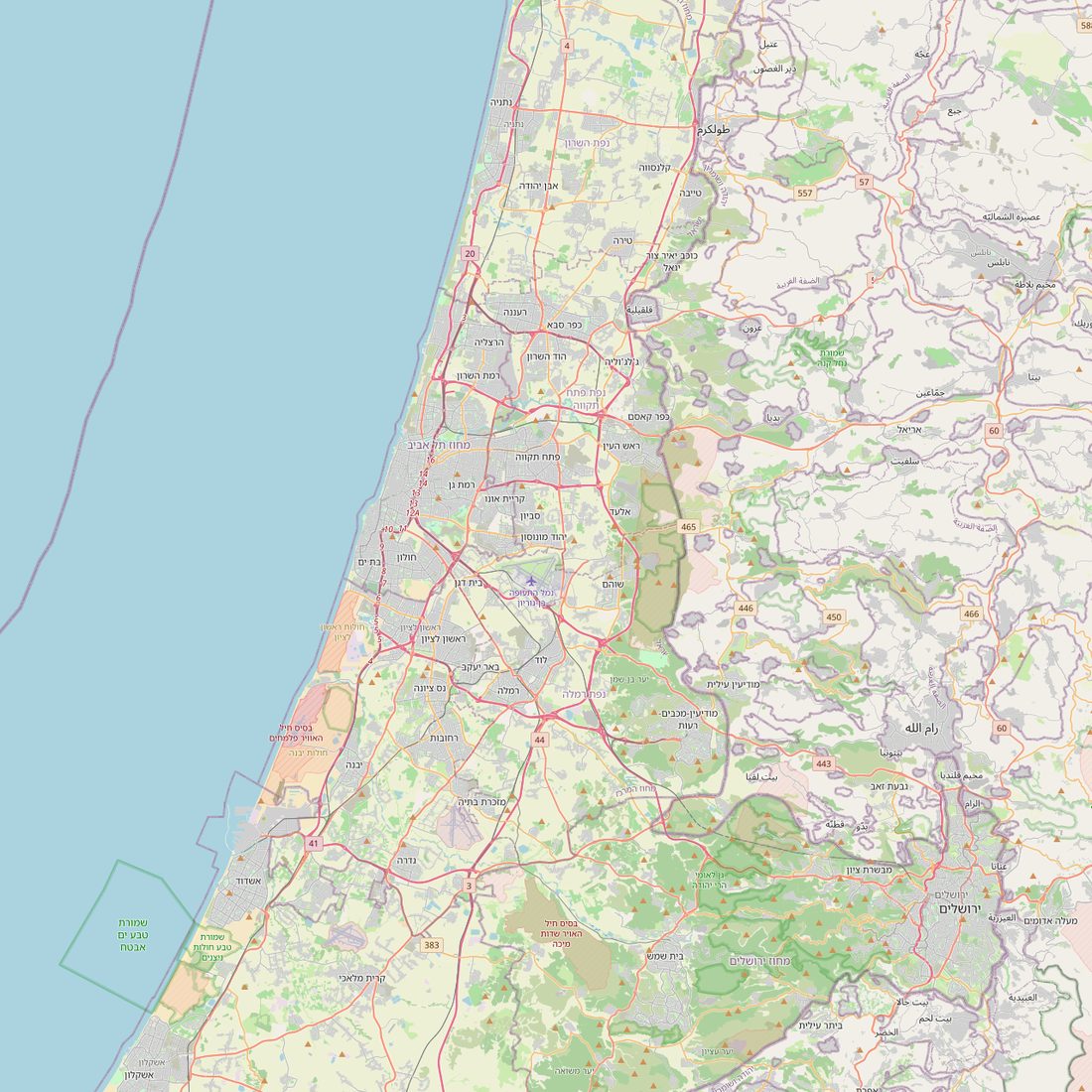 Map of the Green Storage branches: Florentin and Kibbutz Galuyot in Tel Aviv, Kibbutz Yakum and Kiryat Anavim
