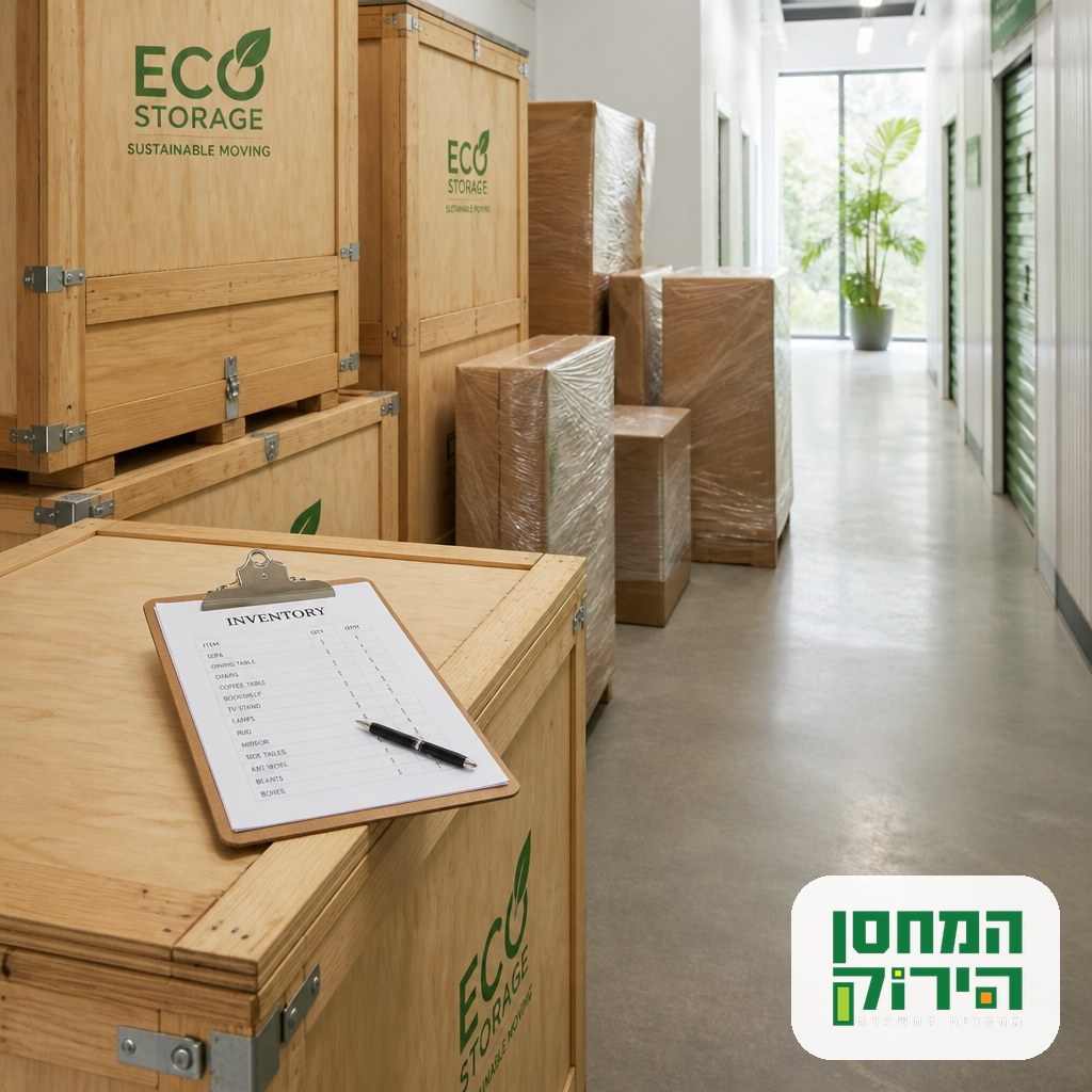 Household shipment crates and wrapped furniture waiting in an indoor storage corridor