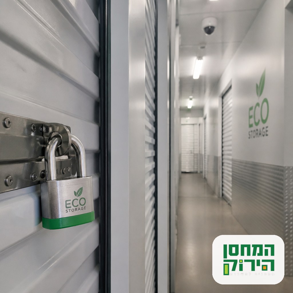 A personal padlock on a closed storage unit door in a tidy indoor facility