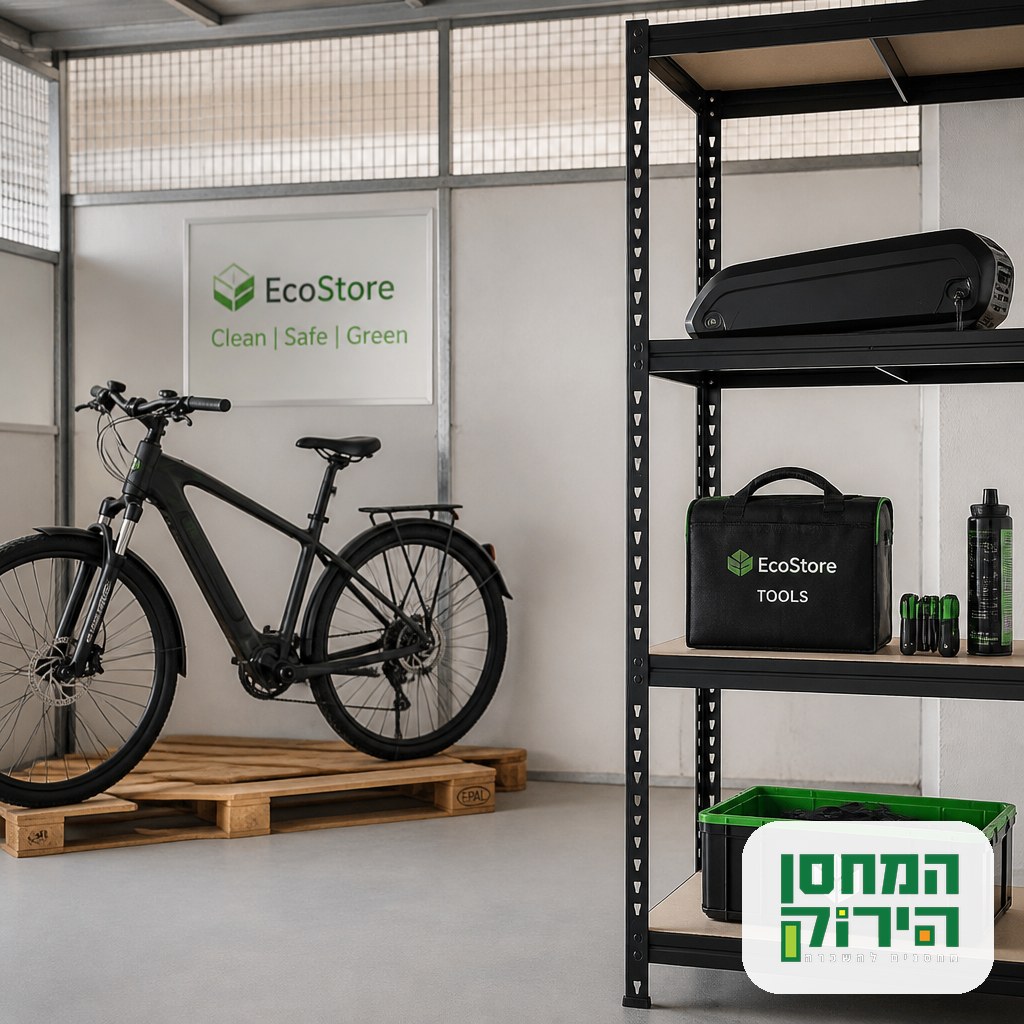 Electric bike battery removed and placed on a shelf in a dry ventilated storage room beside the bicycle