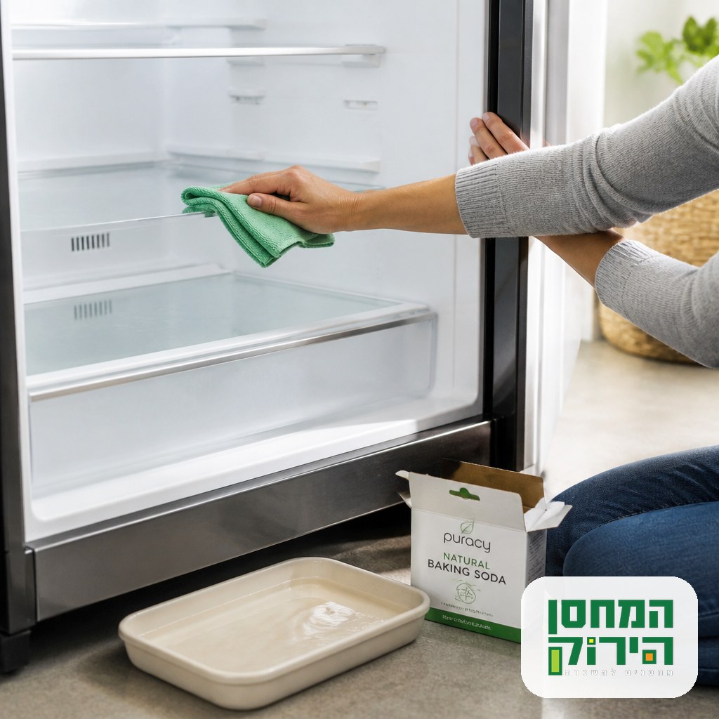 Hands drying the inside of an empty defrosted refrigerator with a microfiber cloth before it goes into storage