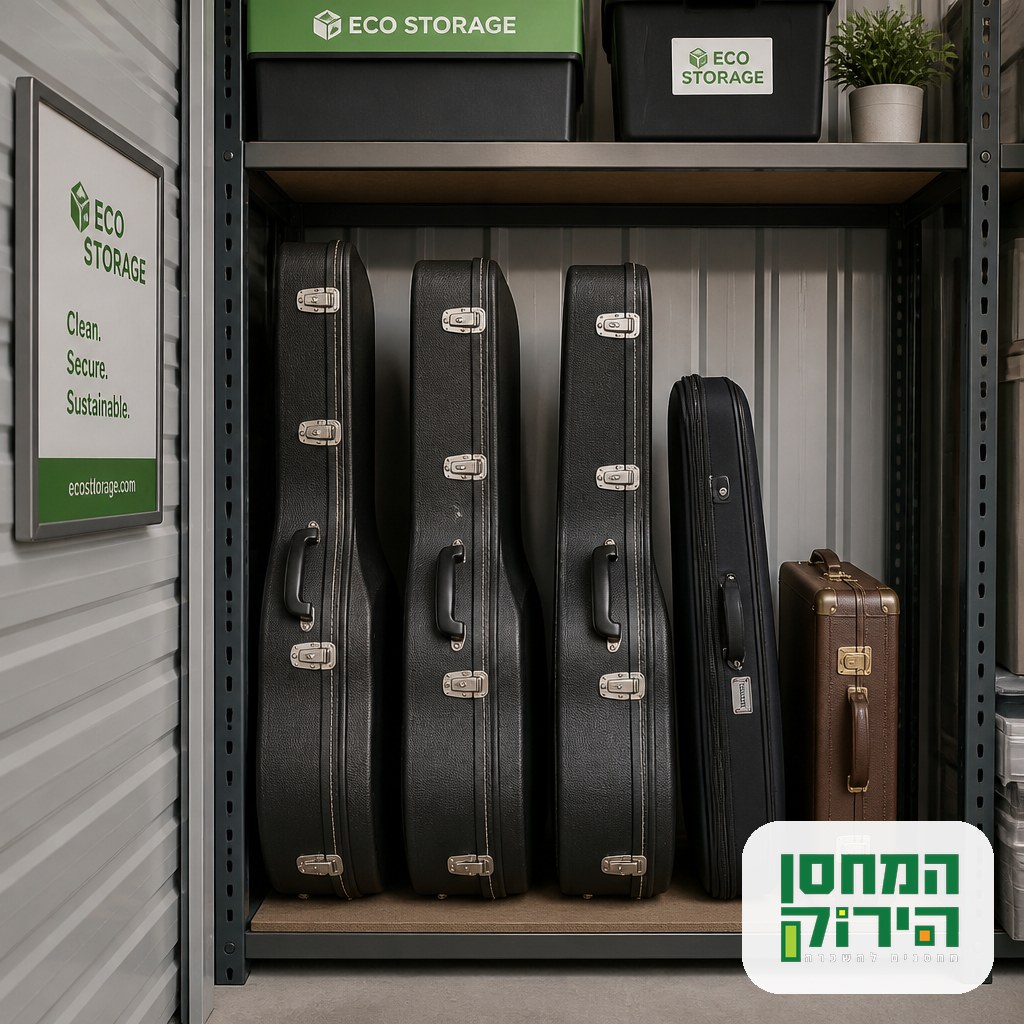 Guitar, violin and trumpet cases arranged on a shelf inside an organized storage unit