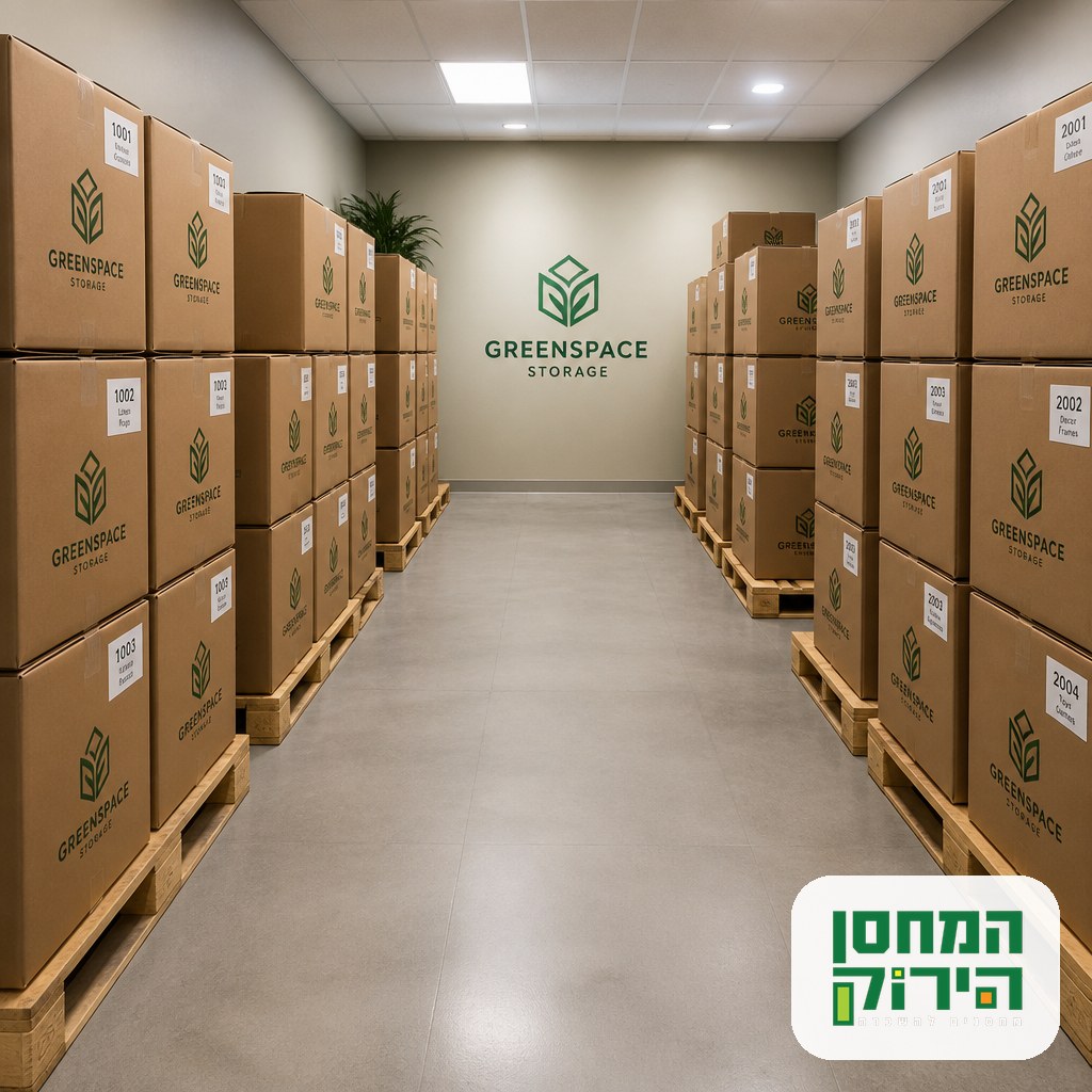 Boxes stacked on pallets with a clear aisle inside a closed storage room