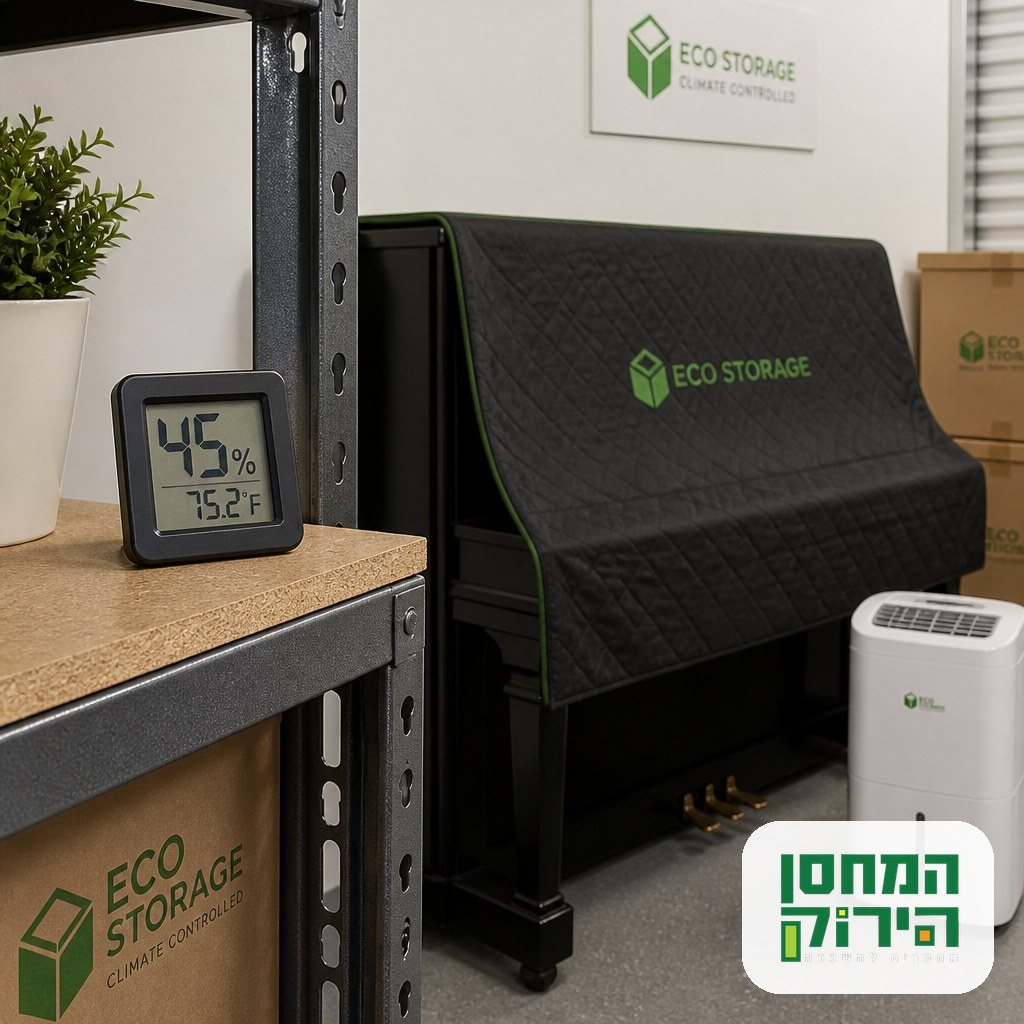 A digital hygrometer and a small dehumidifier beside a covered piano in a storage unit
