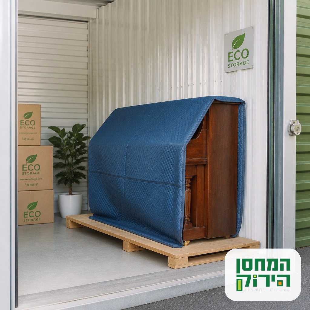 Piano storage inside a clean unit with an upright piano on a wooden platform wrapped in padded blankets