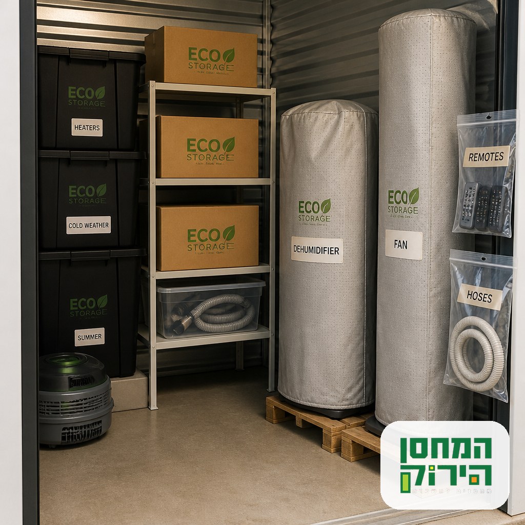 Dehumidifier and fan standing upright on pallets with ventilation gaps and labelled accessory bags in a storage unit