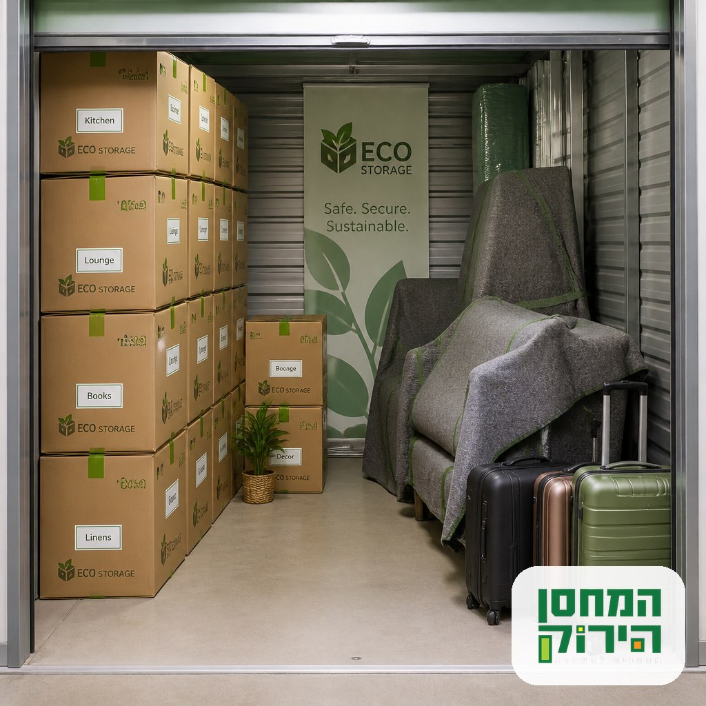 Storage for olim in Israel: labeled boxes and wrapped furniture in a tidy storage unit