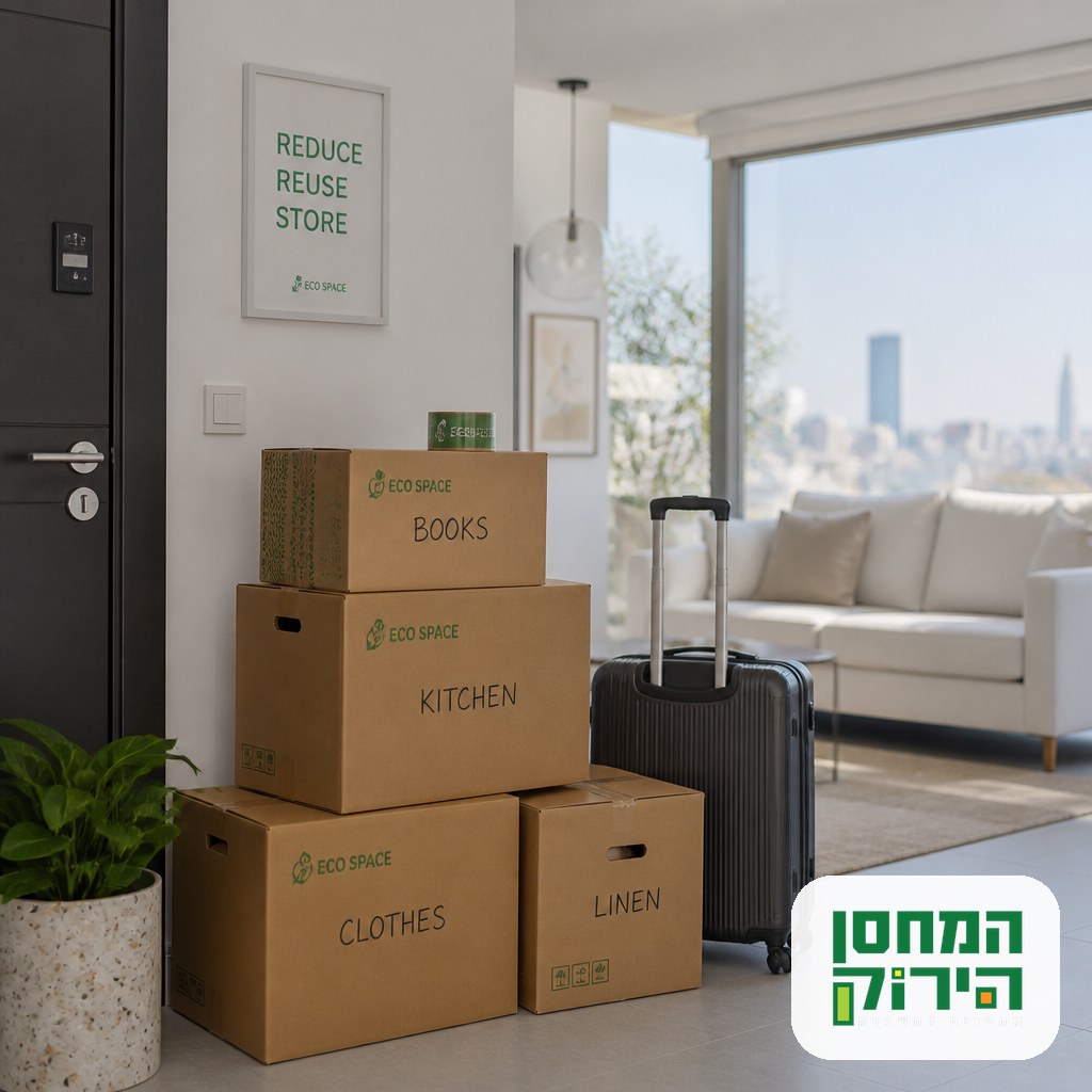 Packed boxes and a suitcase in an Israeli apartment before storage while abroad