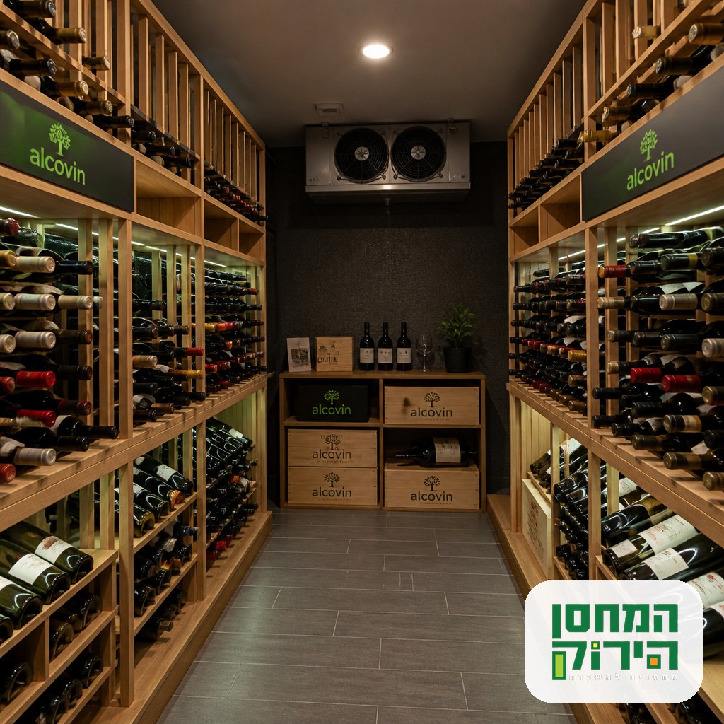 Wine storage on wooden racks in a cool dim unit with bottles lying horizontally