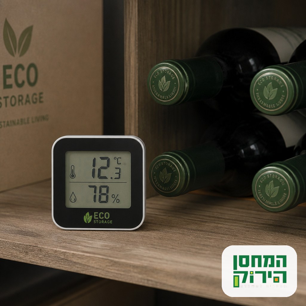 A digital thermometer and hygrometer on a shelf next to stored wine bottles
