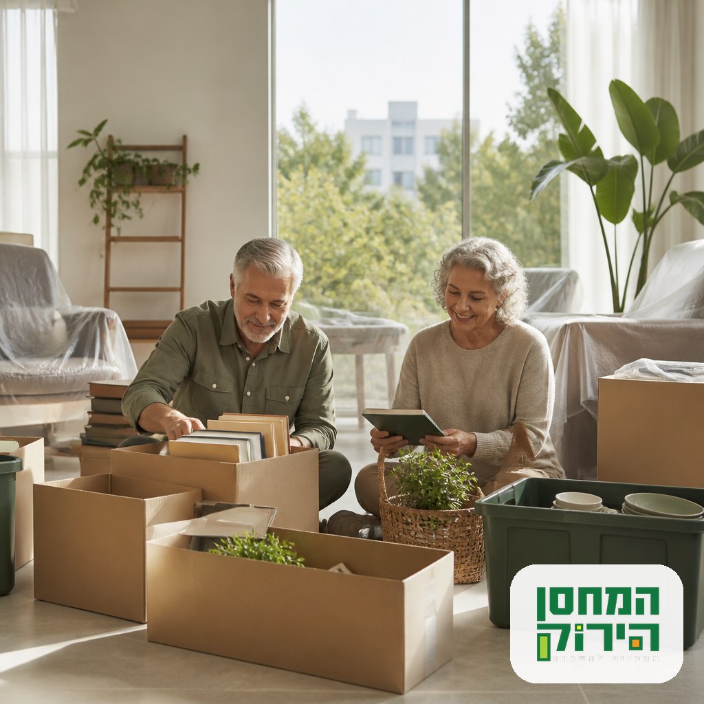 Boxes and furniture being sorted for storage while downsizing in Israel